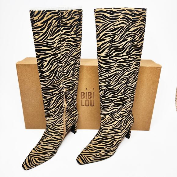 SOLD Anthropologie Bibi Lou Zebra Suede Leather Knee High Stiletto Boots - Picture 2 of 15